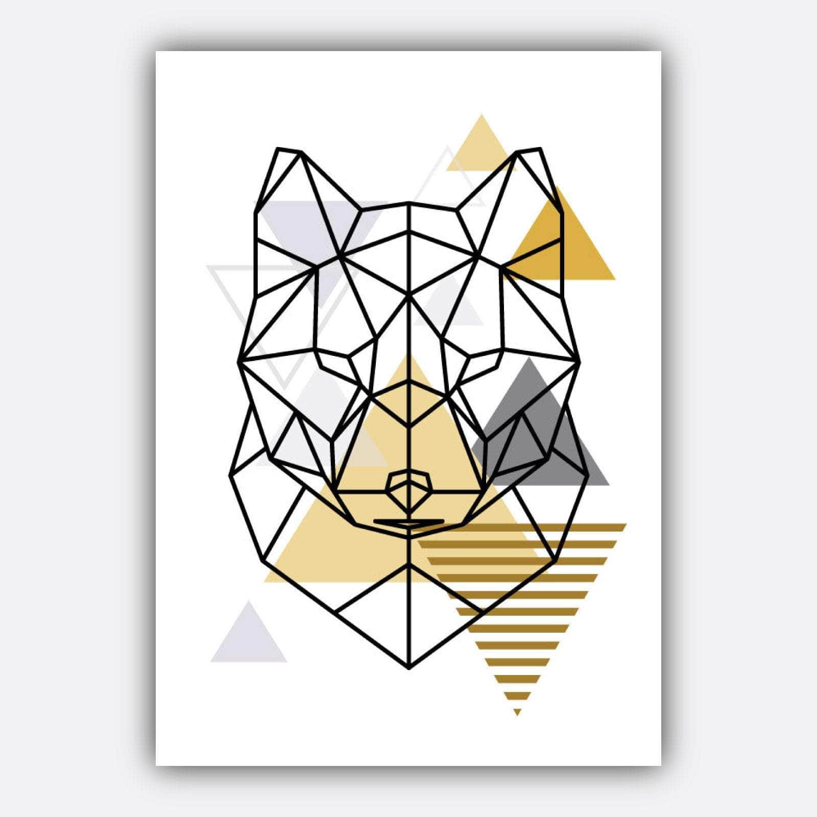 Set of 3 Scandinavian YELLOW & Grey FOX and Triangles Modern Art Prints