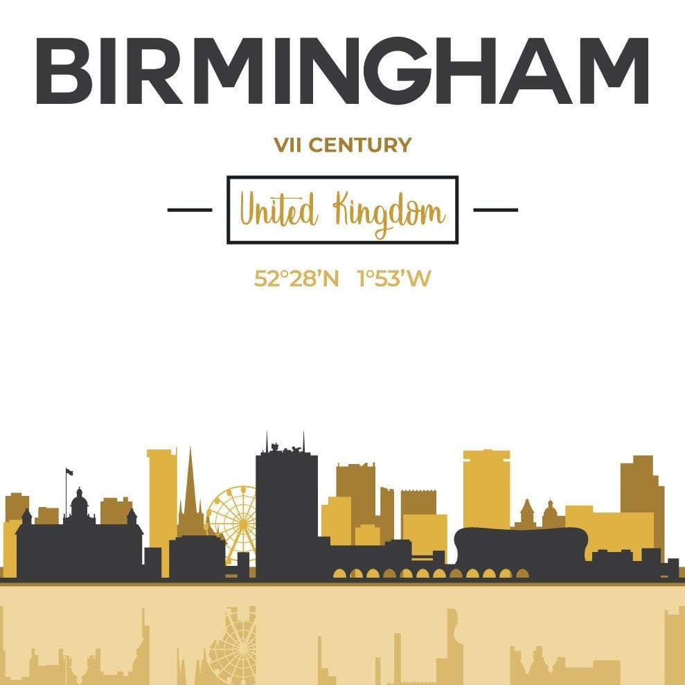 Birmingham Skyline Cityscape England, Yellow and Grey Art Print