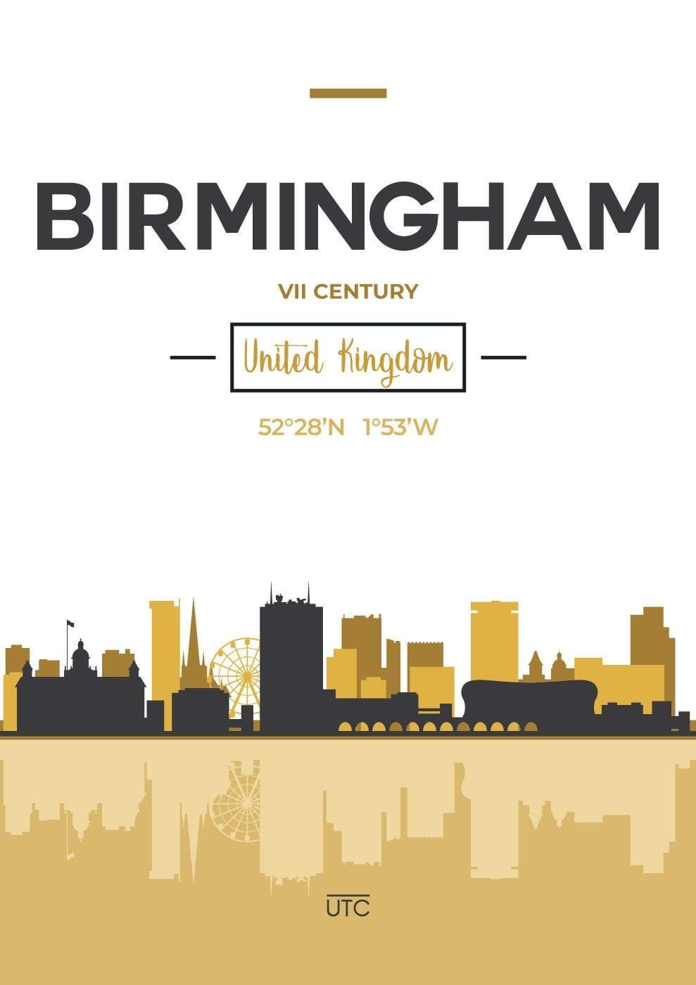 Birmingham Skyline Cityscape England, Yellow and Grey Art Print