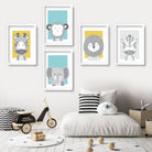 NURSERY Set of 5 JUNGLE Animals Gallery Wall Art Prints Blue Yellow Grey ORIGINAL Scandinavian Style Picture Posters Artwork