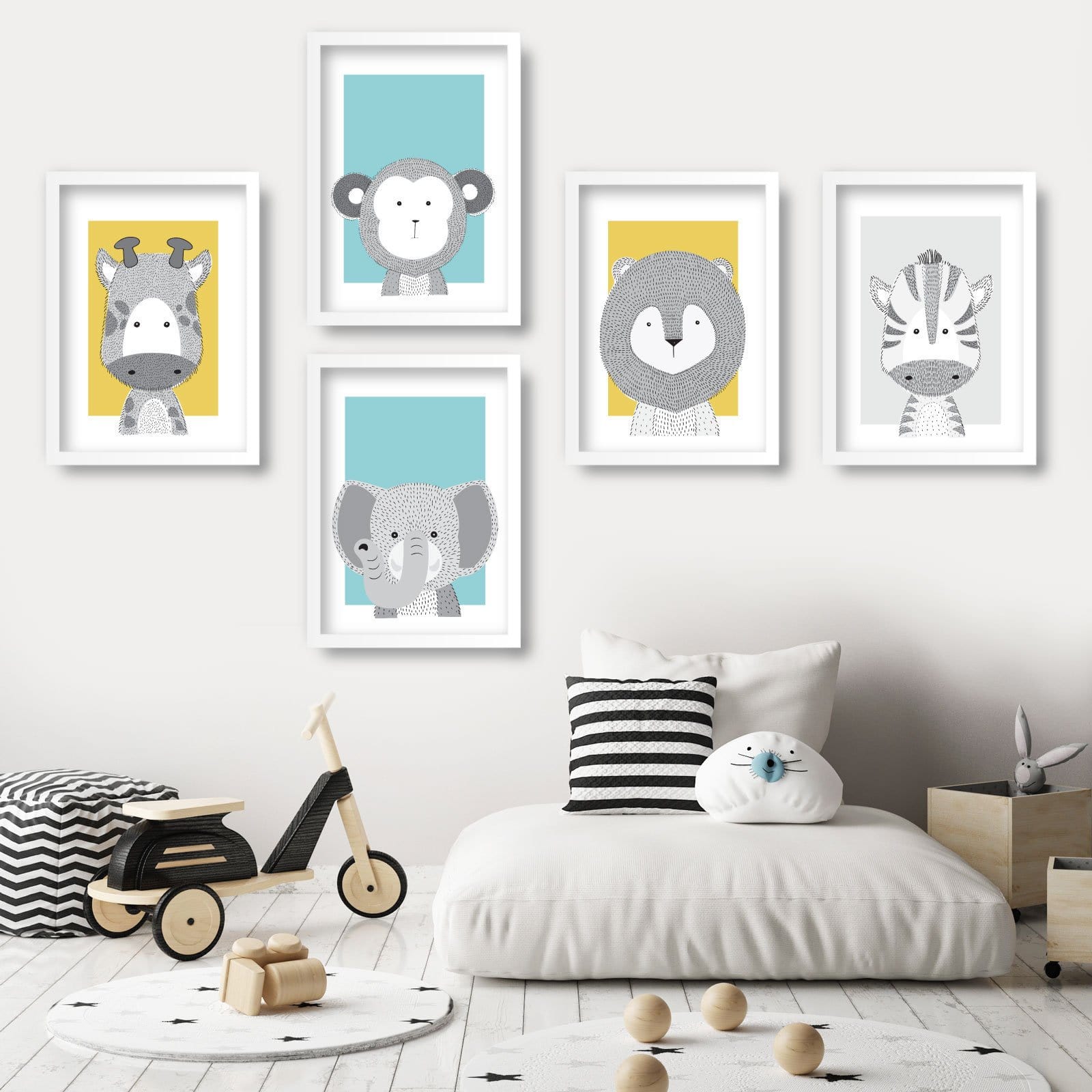 NURSERY Set of 5 JUNGLE Animals Gallery Wall Art Prints Blue Yellow Grey ORIGINAL Scandinavian Style Picture Posters Artwork