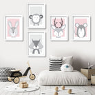 NURSERY Set of 5 FOREST Animals Gallery Wall Art Prints Pink Grey ORIGINAL Scandinavian Style Deer Rabbit Picture Posters Artwork