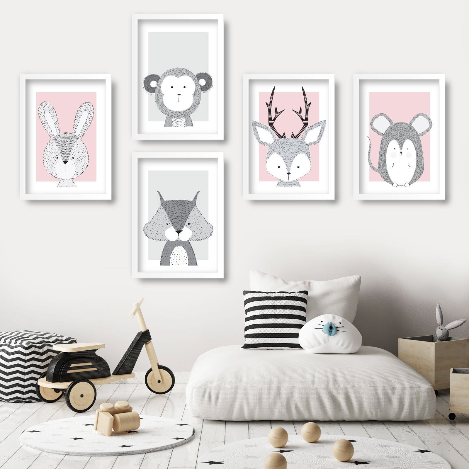 NURSERY Set of 5 FOREST Animals Gallery Wall Art Prints Pink Grey ORIGINAL Scandinavian Style Deer Rabbit Picture Posters Artwork