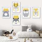 NURSERY Set of 5 FOREST Animals Gallery Wall Art Prints Yellow ORIGINAL Scandinavian Style Deer Bear Fox Owl Rabbit Picture Posters Artwork