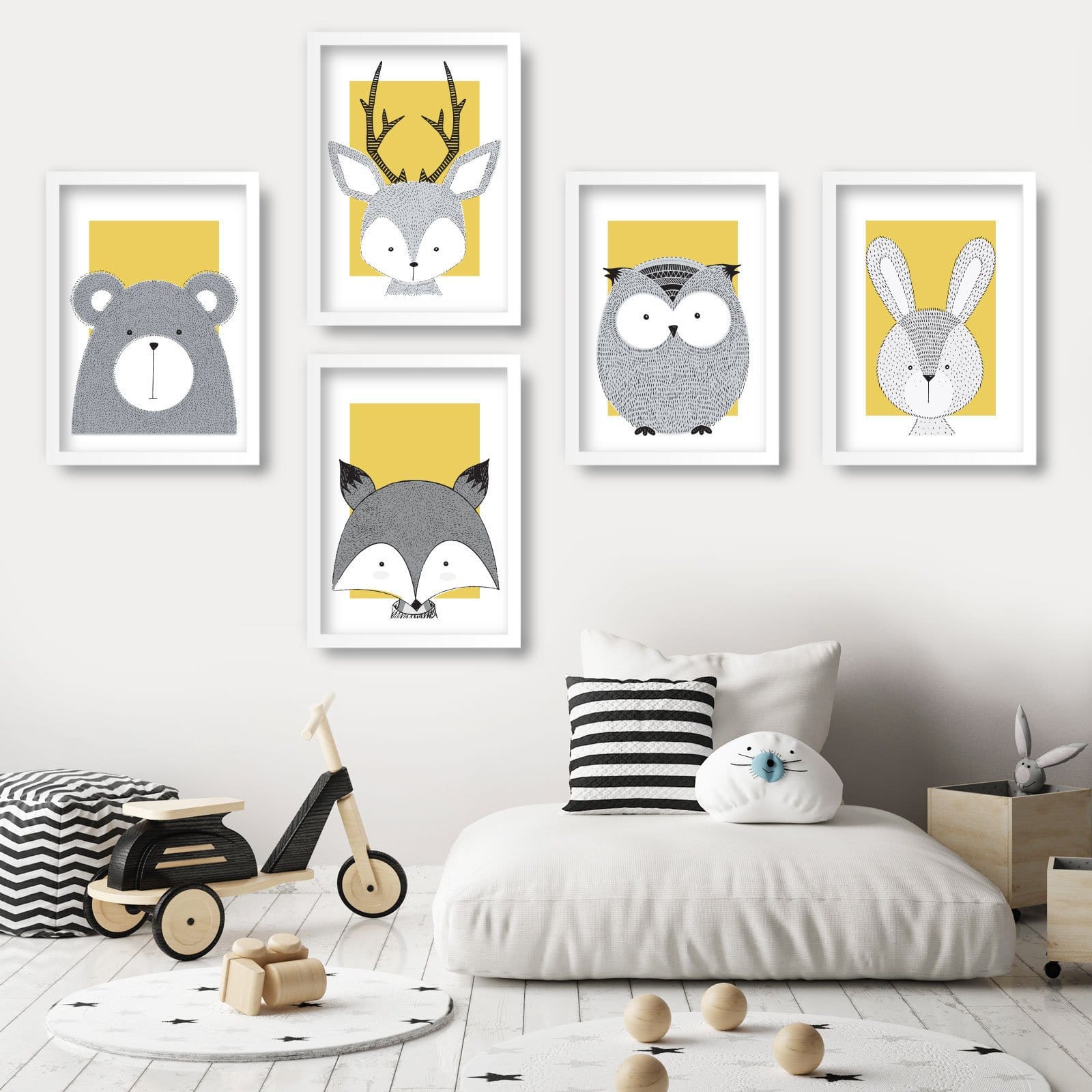 NURSERY Set of 5 FOREST Animals Gallery Wall Art Prints Yellow ORIGINAL Scandinavian Style Deer Bear Fox Owl Rabbit Picture Posters Artwork