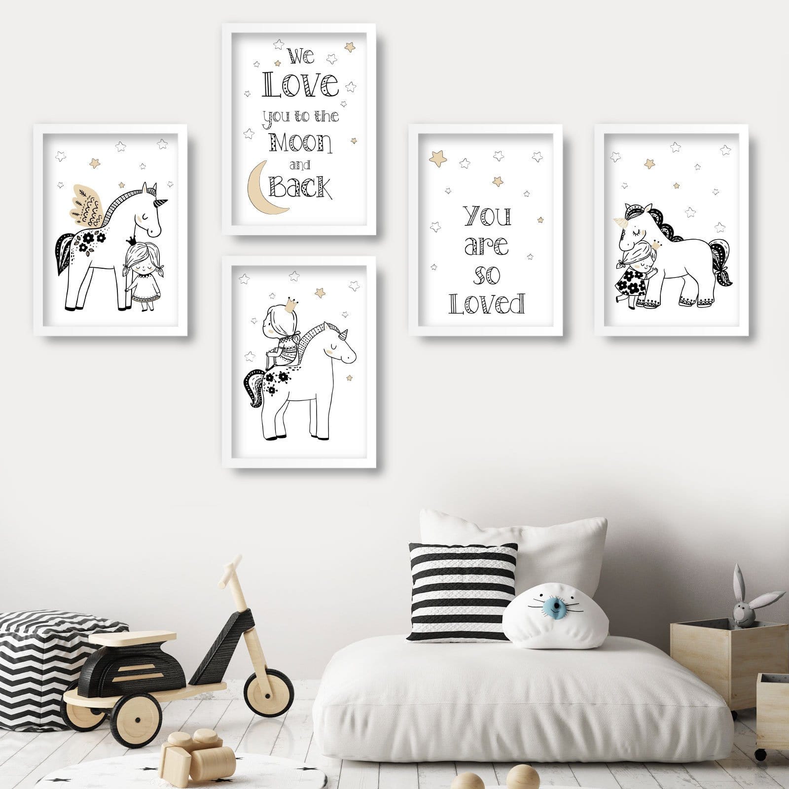 NURSERY Set of 5 PRINCESS Unicorn, So Loved, Love you to the Moon and Back Scandinavian Gallery Wall Art Prints Picture Posters