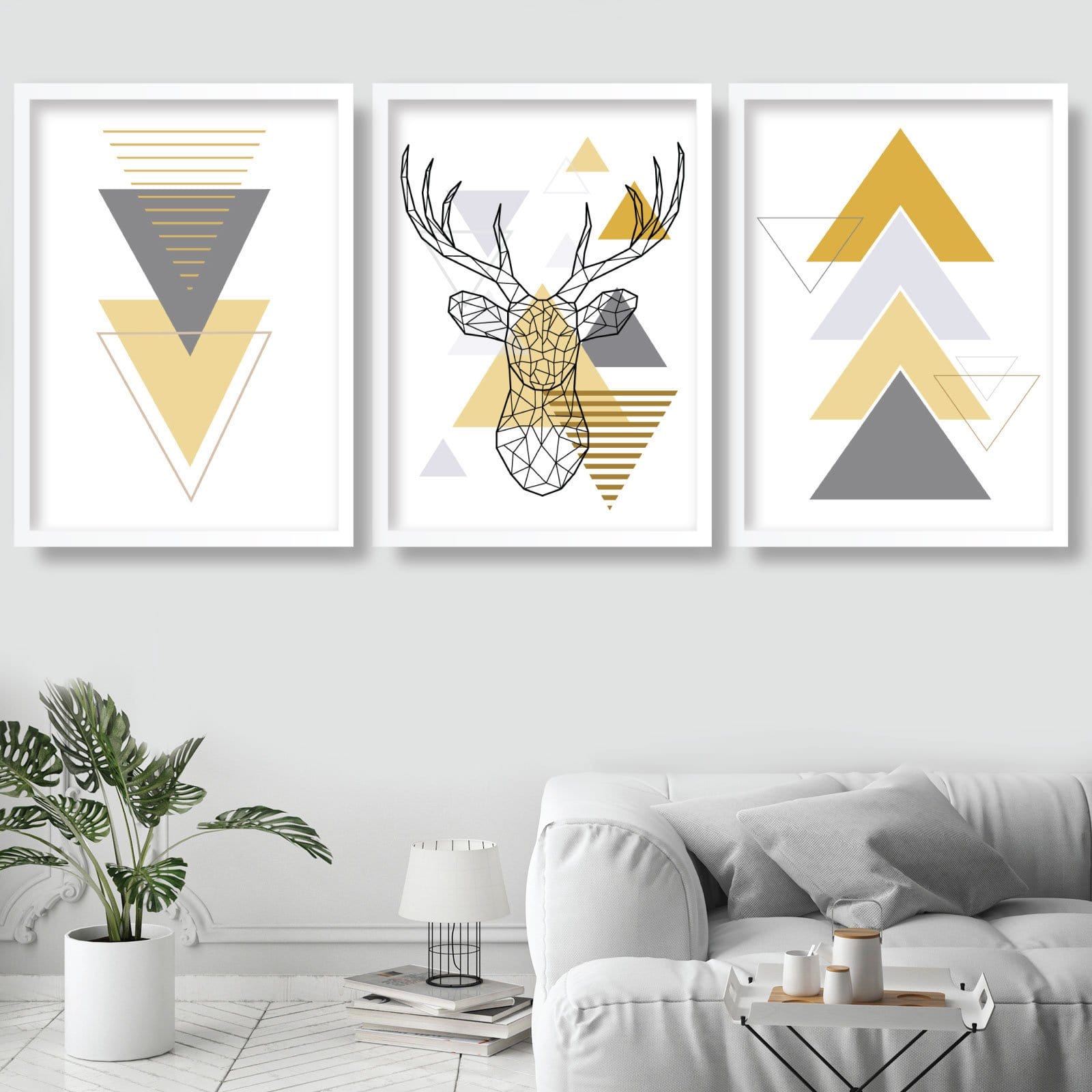 Set of 3 YELLOW & Grey Art Prints with STAG