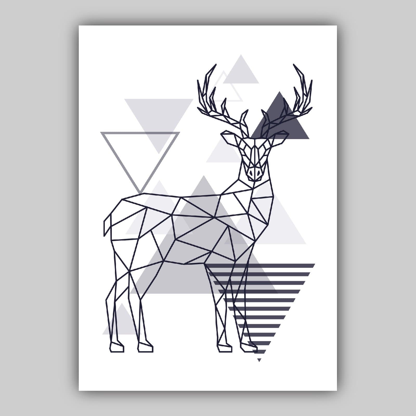 Set of 5 Scandinavian GEOMETRIC Gallery Wall Art Navy Blue and Grey Art Prints STAG head Mountains Wall Pictures Posters Artwork