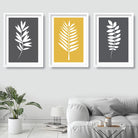 Set of 3 Yellow Grey and White Art Prints Tropical LEAVES