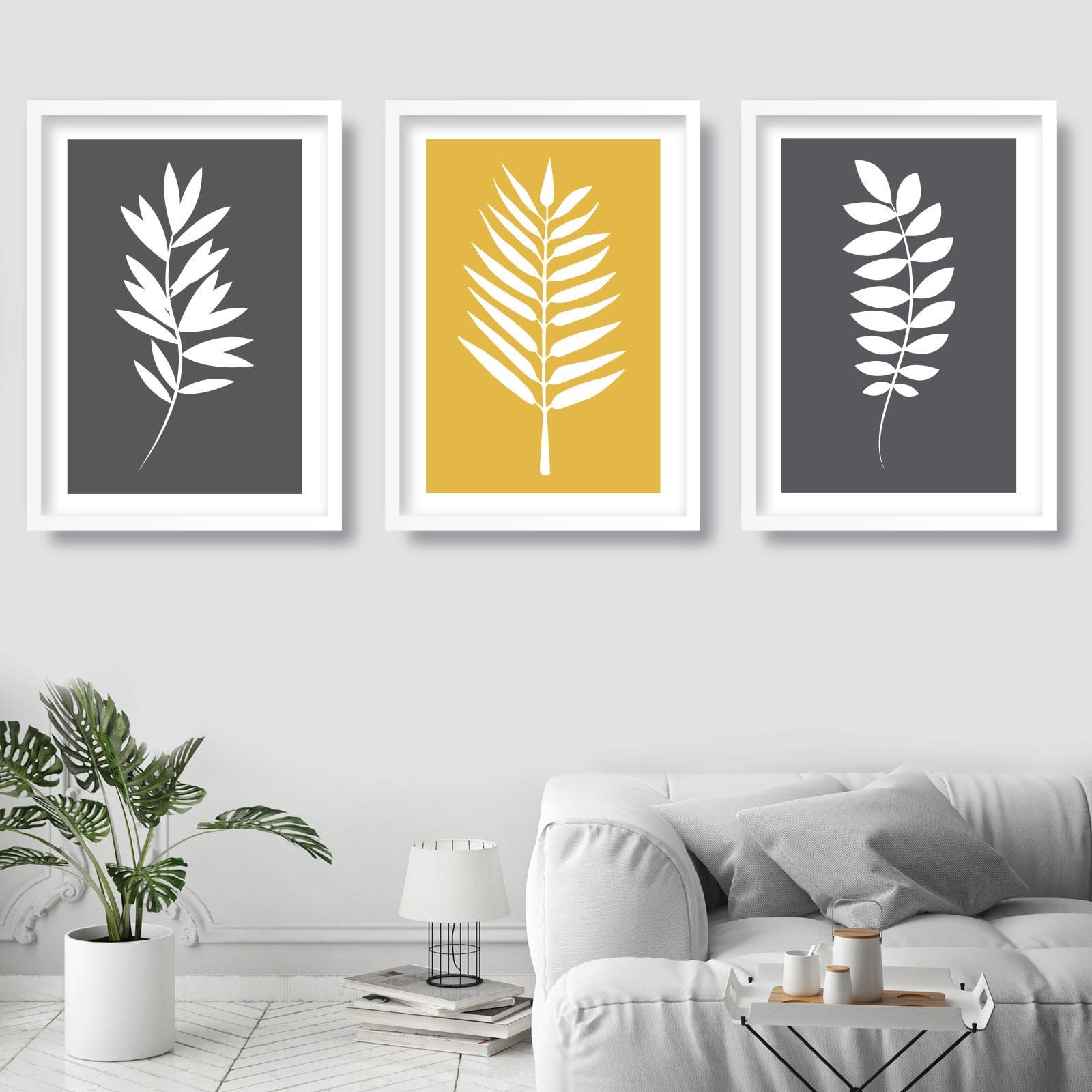 Set of 3 Yellow Grey and White Art Prints Tropical LEAVES