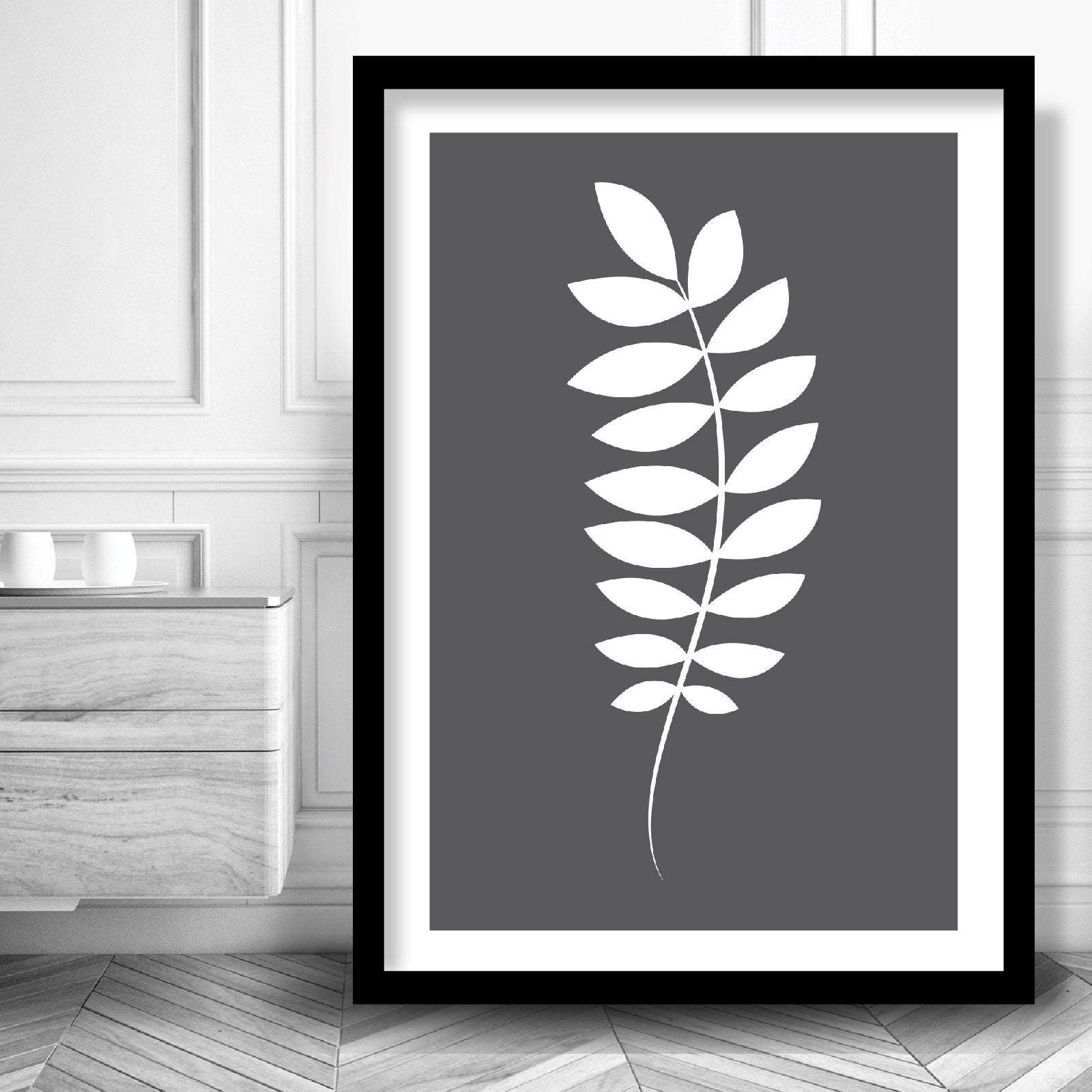 Set of 3 Grey Duck Egg Blue and White Tropical LEAVES Art Prints