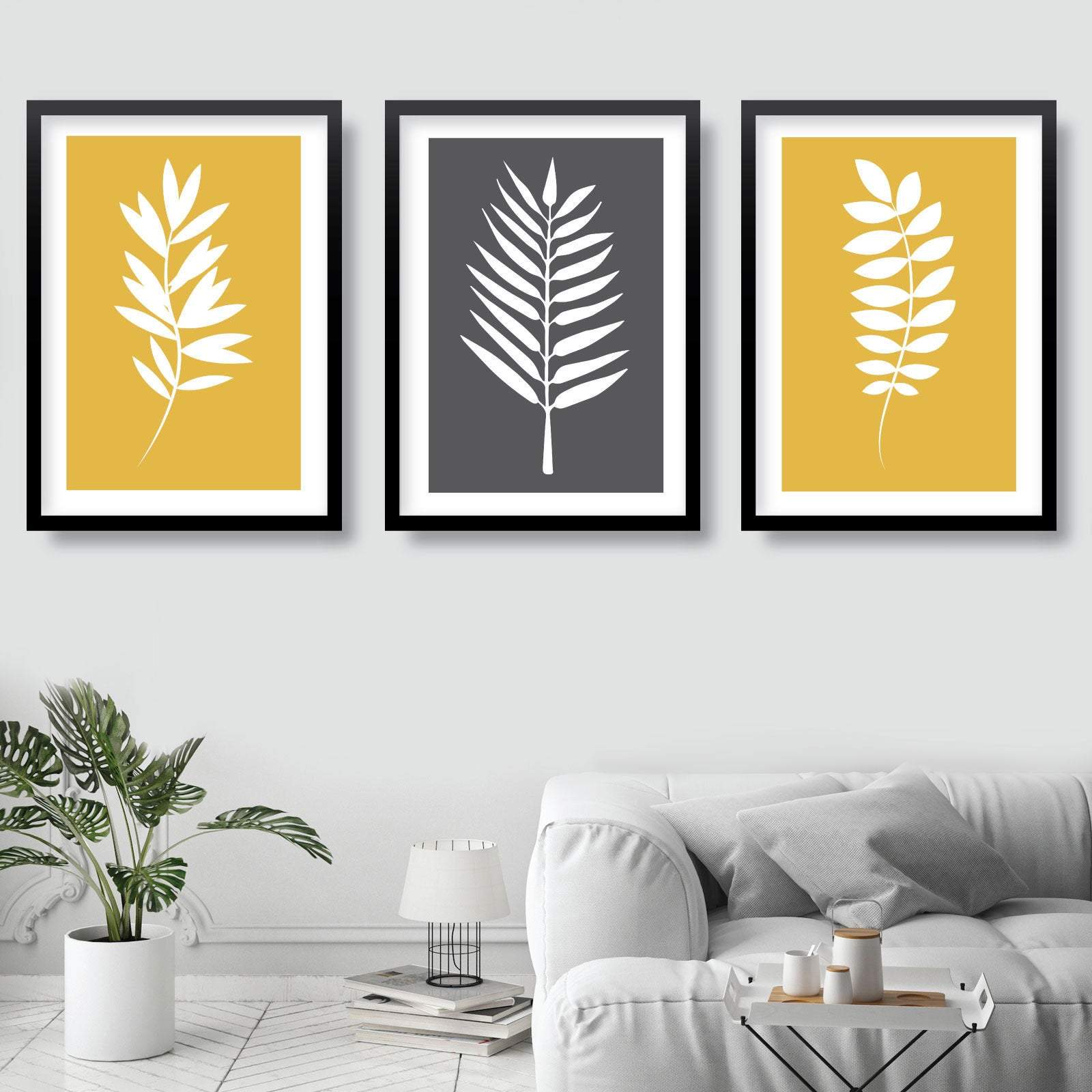 Set of 3 Grey Yellow and White Tropical LEAVES Gallery Wall Art Prints