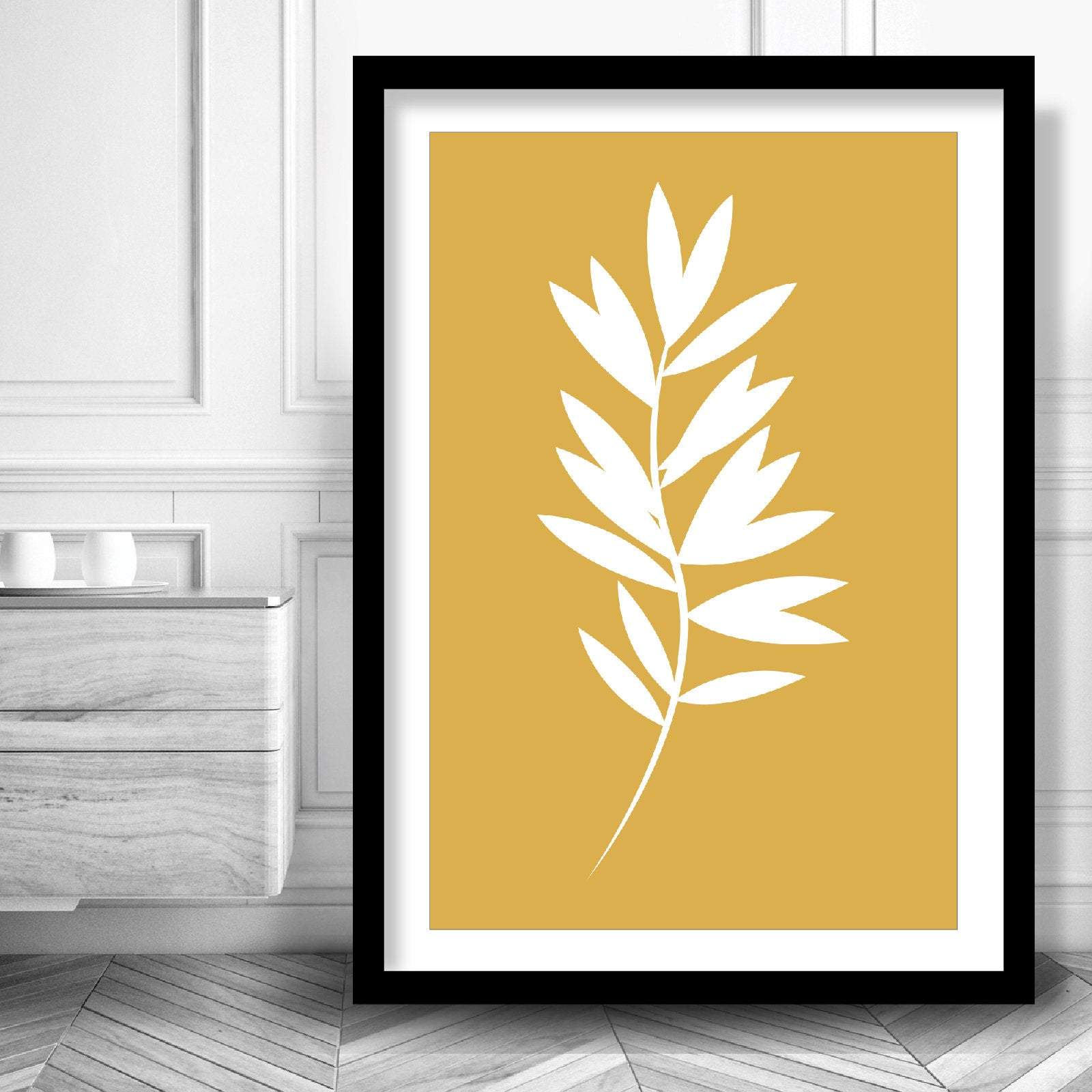 Set of 3 Grey Yellow and Blue Gallery Wall Art Prints Tropical FERN Botanical Leaf