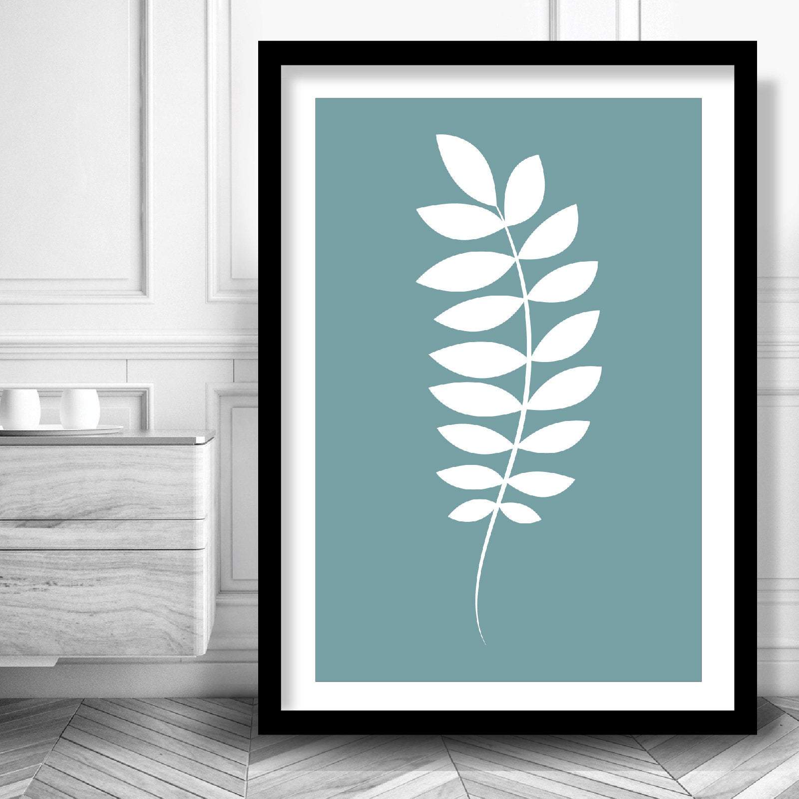 Set of 3 Grey Yellow and Blue Gallery Wall Art Prints Tropical FERN Botanical Leaf