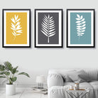 Set of 3 Grey Yellow and Blue Gallery Wall Art Prints Tropical FERN Botanical Leaf
