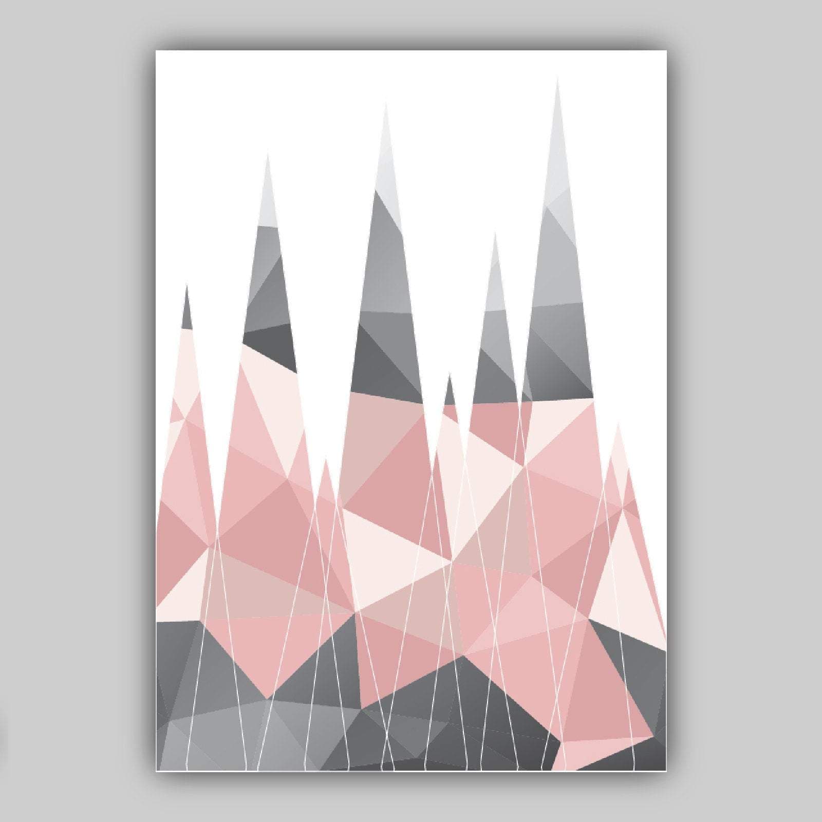 GEOMETRIC set of 3 Blush PINK & Grey Art Prints STAG Antlers and Forest