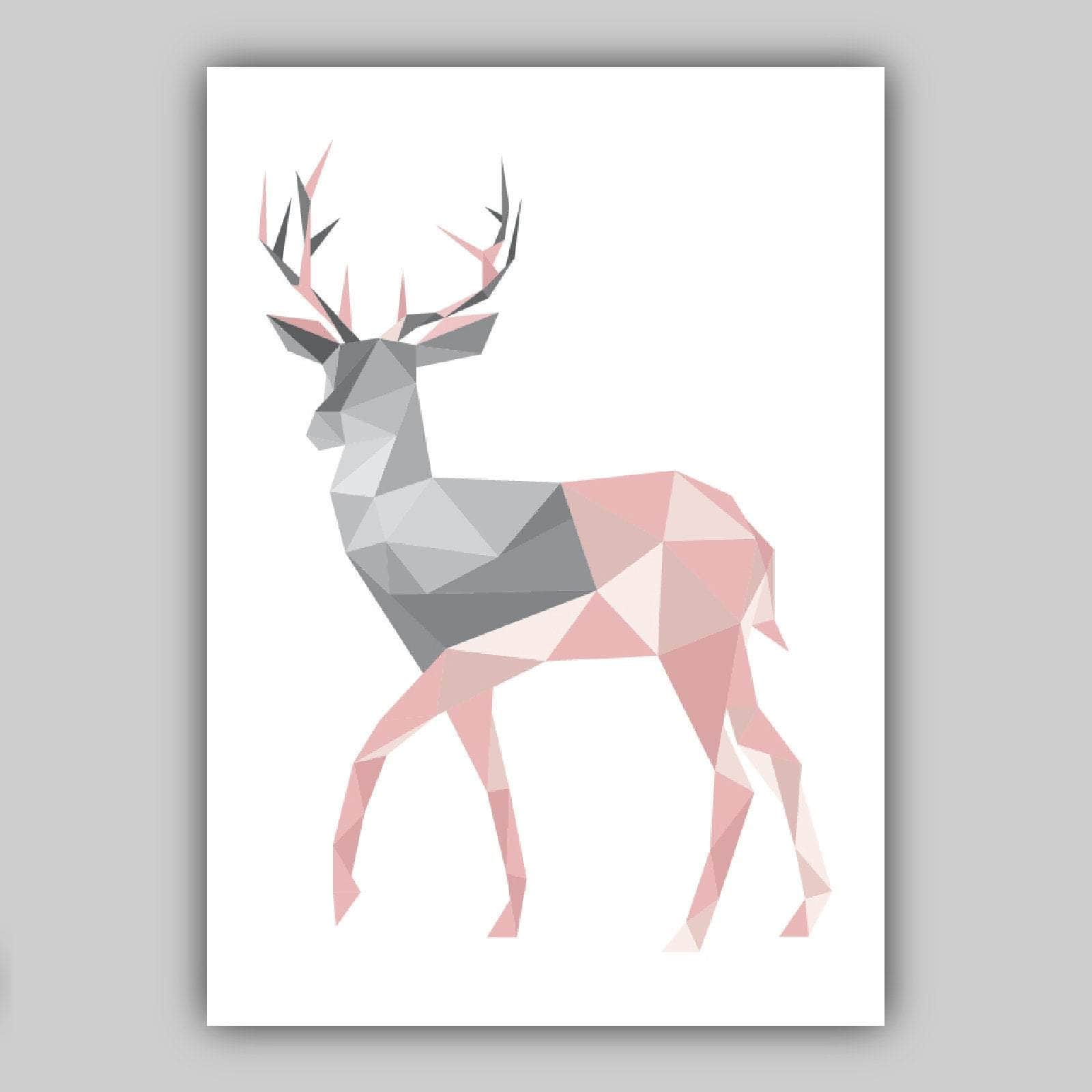 GEOMETRIC set of 3 Blush PINK & Grey Art Prints STAG Antlers and Forest