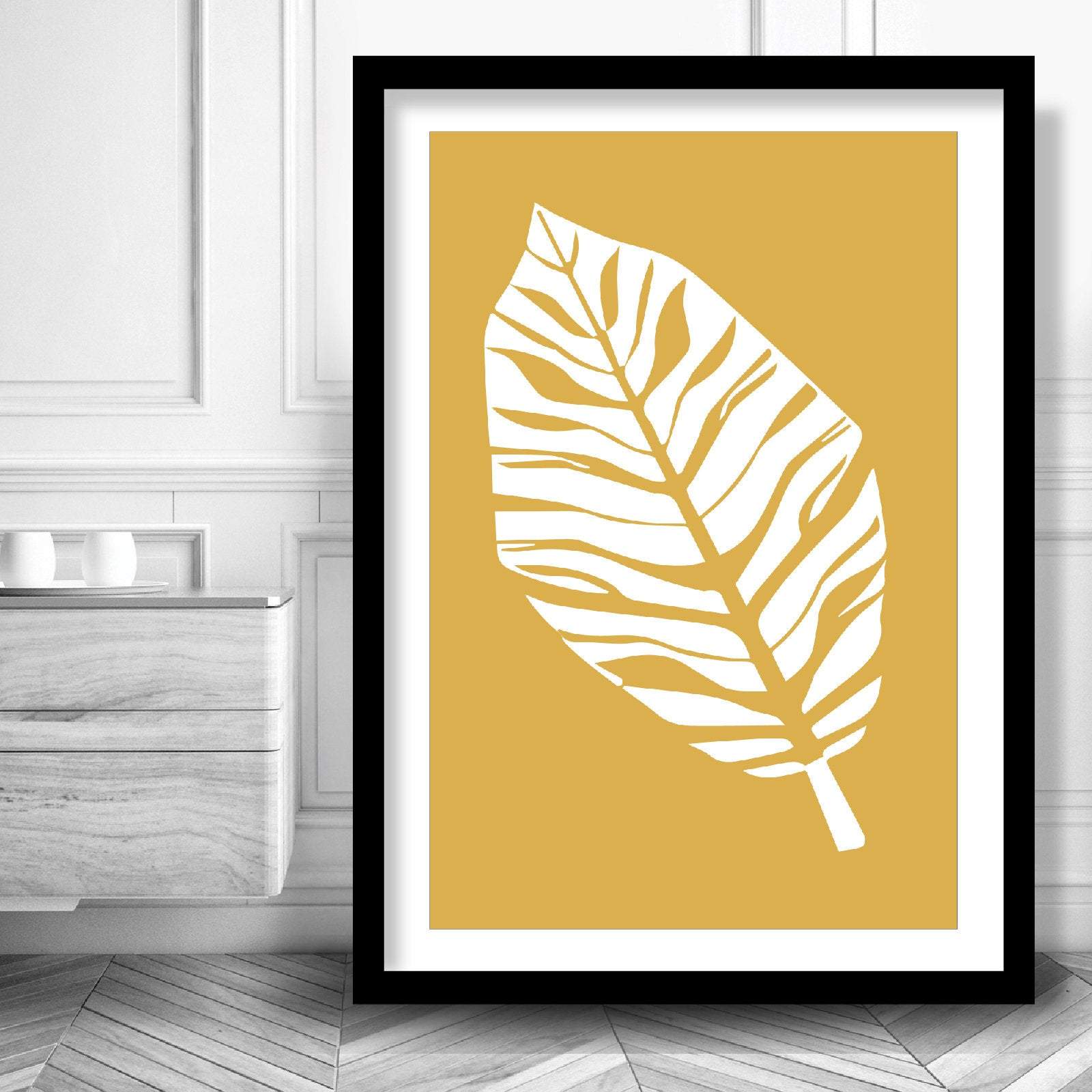 Set of 3 Yellow Grey and White Art Prints Tropical Botanical Monstera Leaves