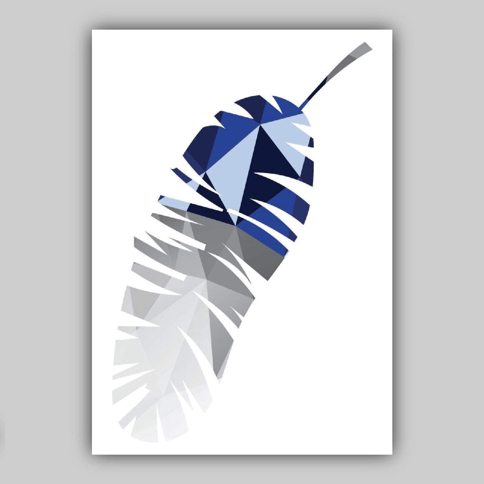 GEOMETRIC set of 3 NAVY Blue & Grey Art Prints Tropical LEAVES