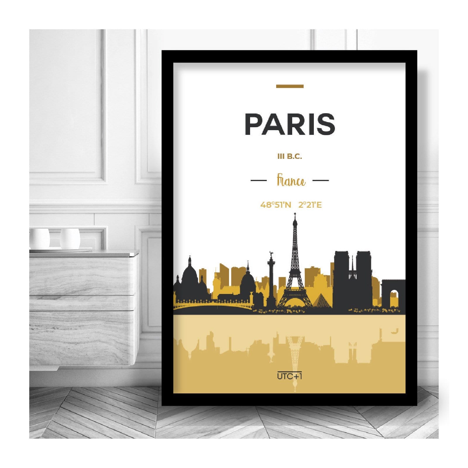 PARIS Skyline Cityscape FRANCE, Yellow and Grey Art Print