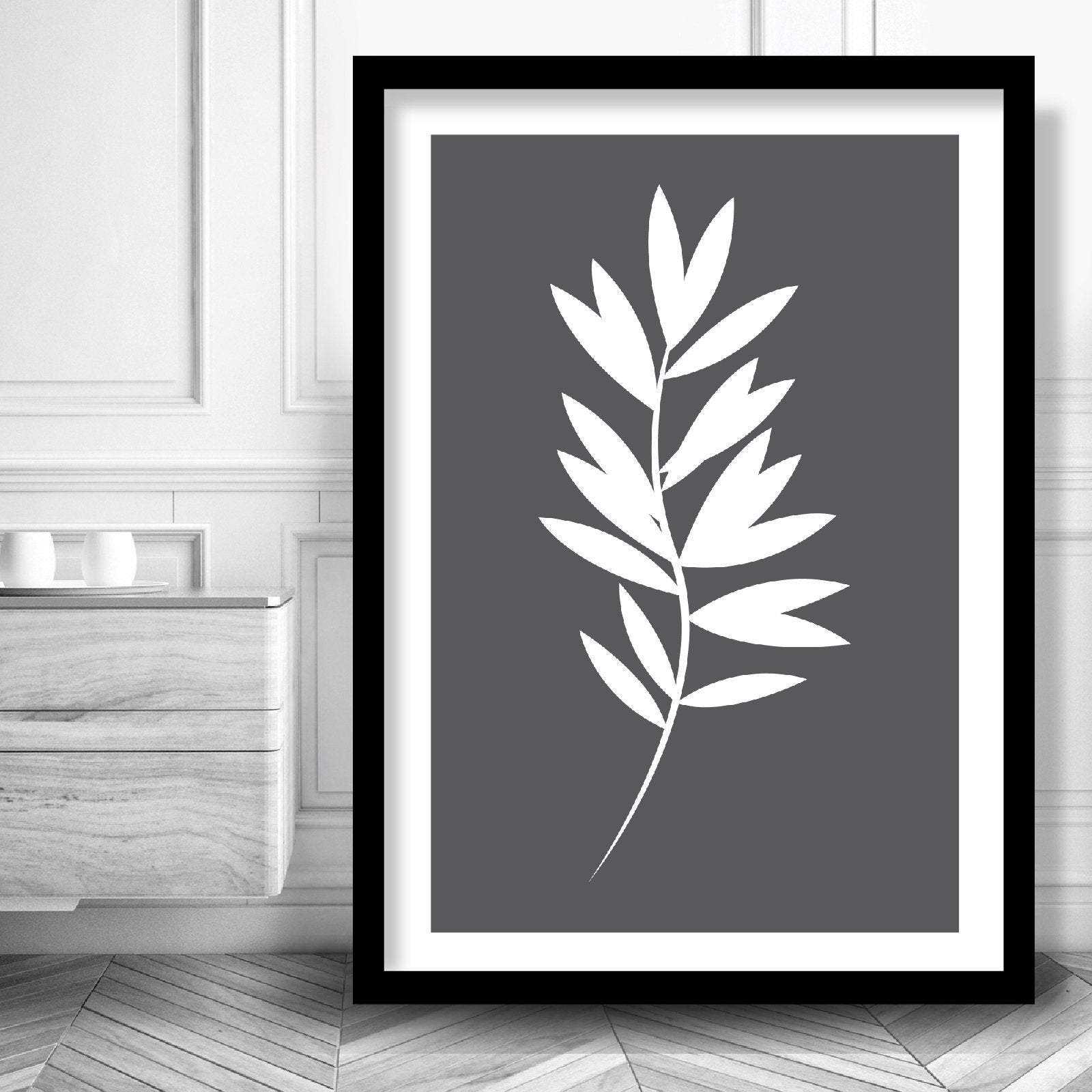 Set of 3 Yellow Grey and White Art Prints Tropical LEAVES