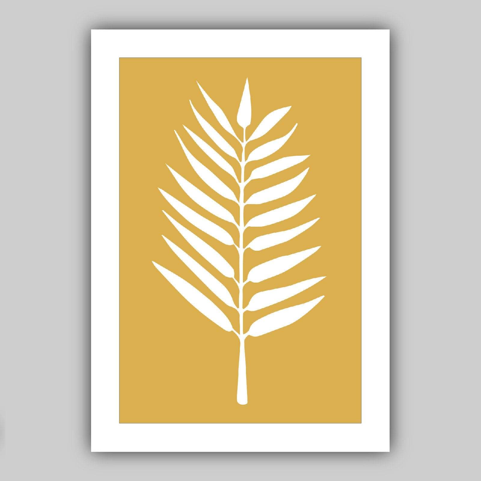 Set of 3 Yellow Grey and White Art Prints Tropical LEAVES