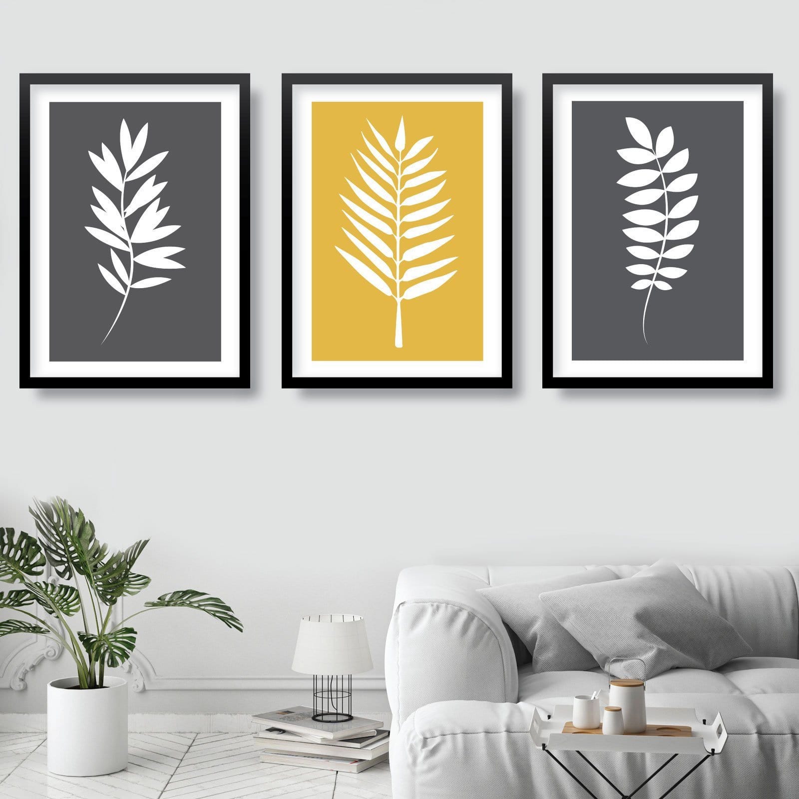 Set of 3 Yellow Grey and White Art Prints Tropical LEAVES