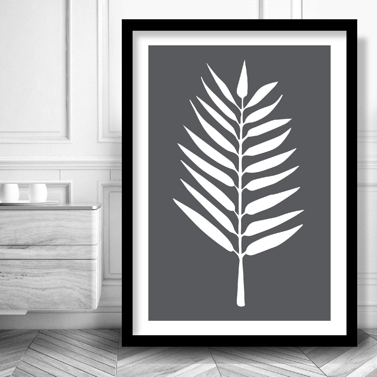 Set of 3 Grey Yellow and Blue Gallery Wall Art Prints Tropical FERN Botanical Leaf