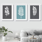 Set of 3 Grey Duck Egg Blue and White Tropical LEAVES Art Prints
