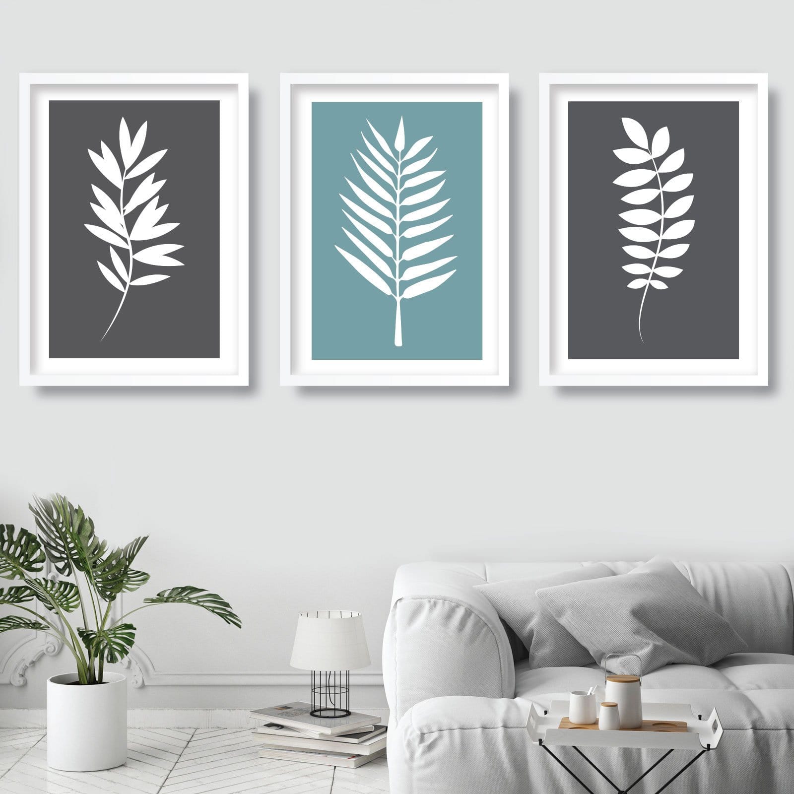 Set of 3 Grey Duck Egg Blue and White Tropical LEAVES Art Prints