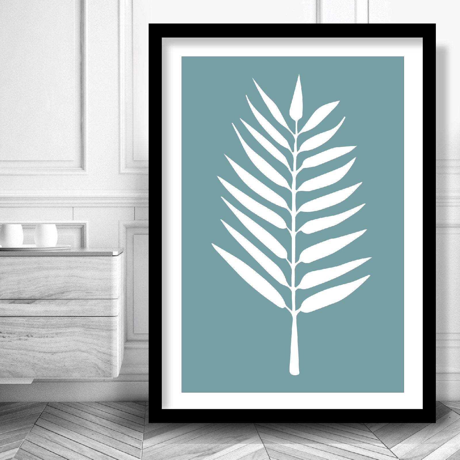 Set of 3 Grey Duck Egg Blue and White Tropical LEAVES Art Prints