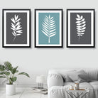 Set of 3 Grey Duck Egg Blue and White Tropical LEAVES Art Prints
