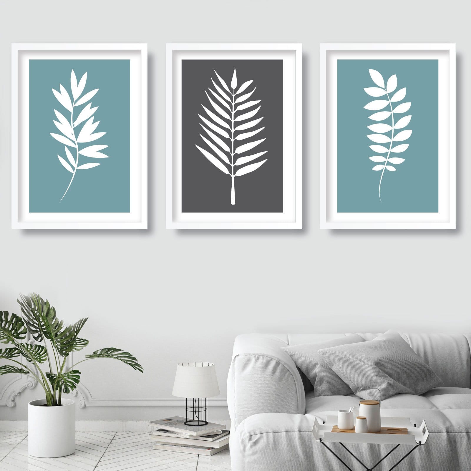 Set of 3 Duck Egg Blue Grey and White Tropical Gallery Wall Art Prints