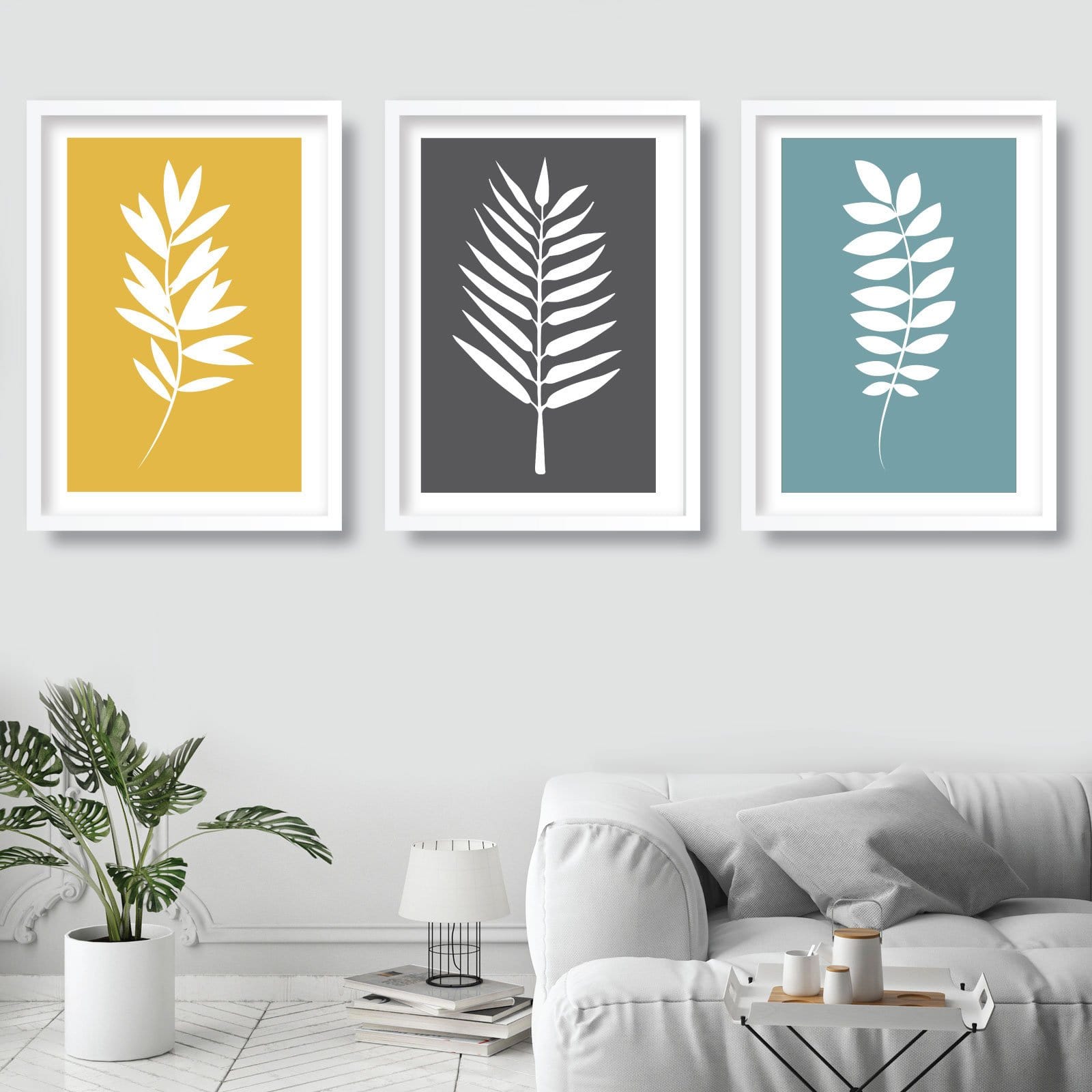 Set of 3 Grey Yellow and Blue Gallery Wall Art Prints Tropical FERN Botanical Leaf
