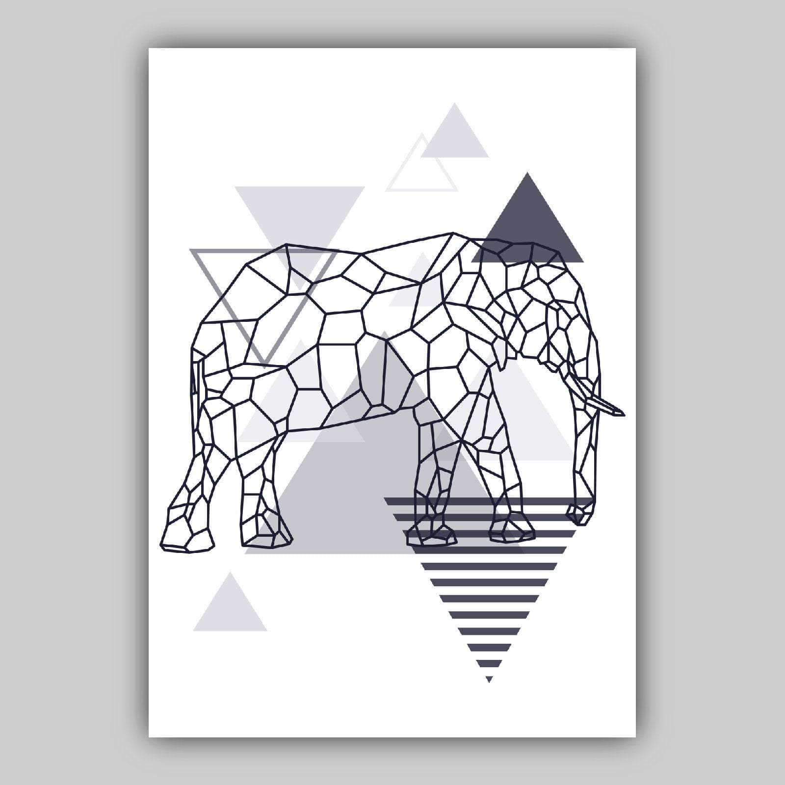 Set of 3 GEOMETRIC Navy Blue & Grey ELEPHANT and Tree Modern Art Prints