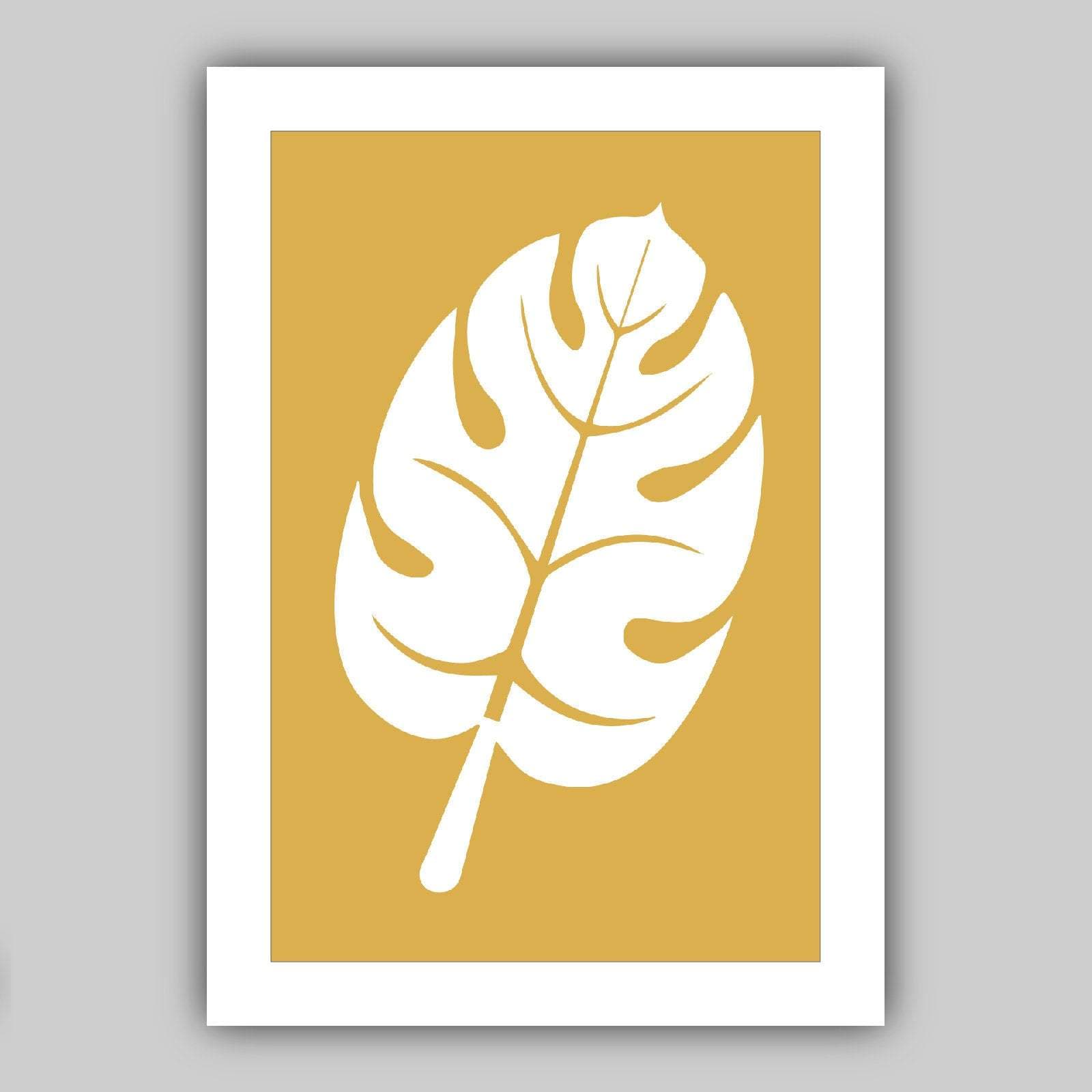 Set of 3 Yellow Grey and White Art Prints Tropical Botanical Monstera Leaves