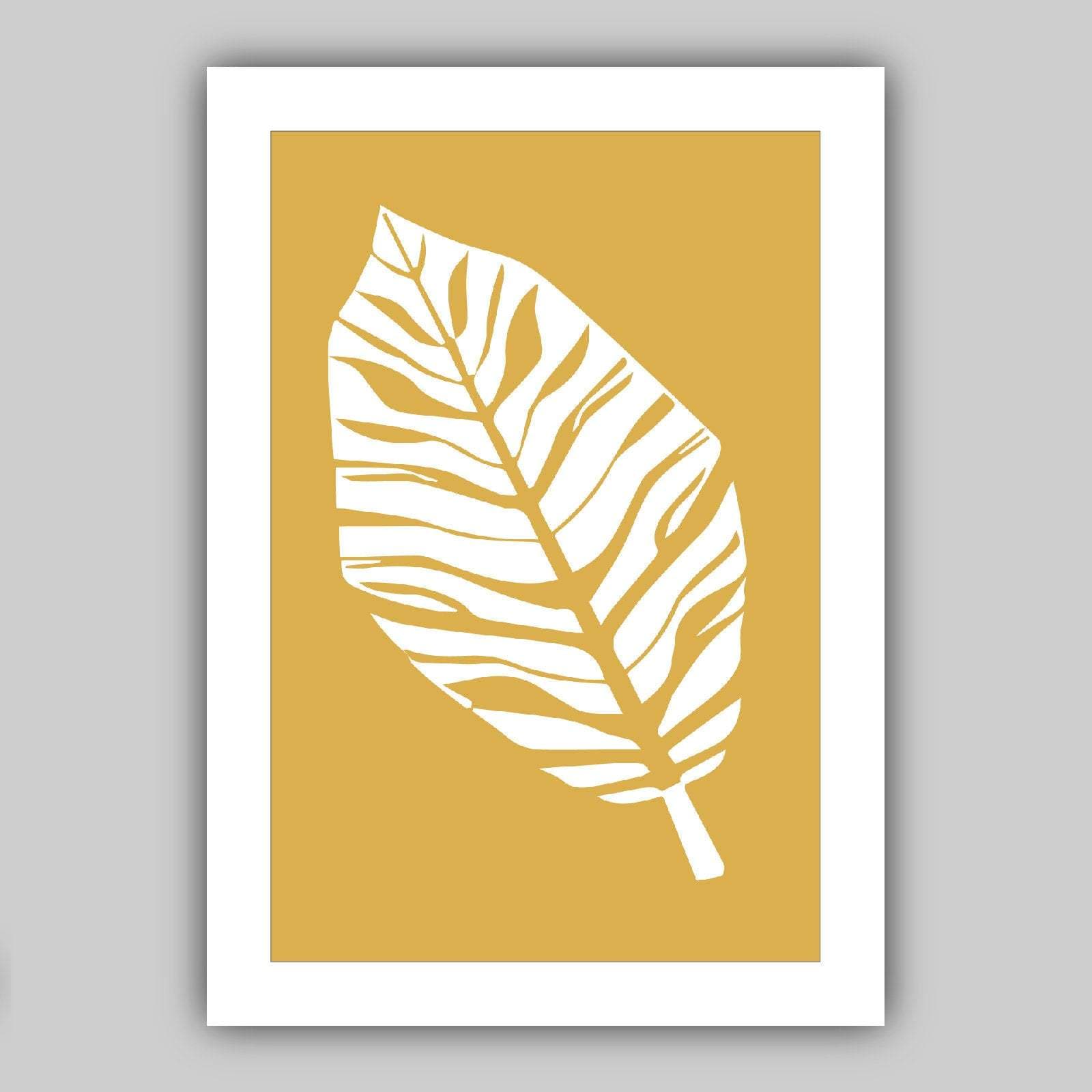 Set of 3 Yellow Grey and White Art Prints Tropical Botanical Monstera Leaves