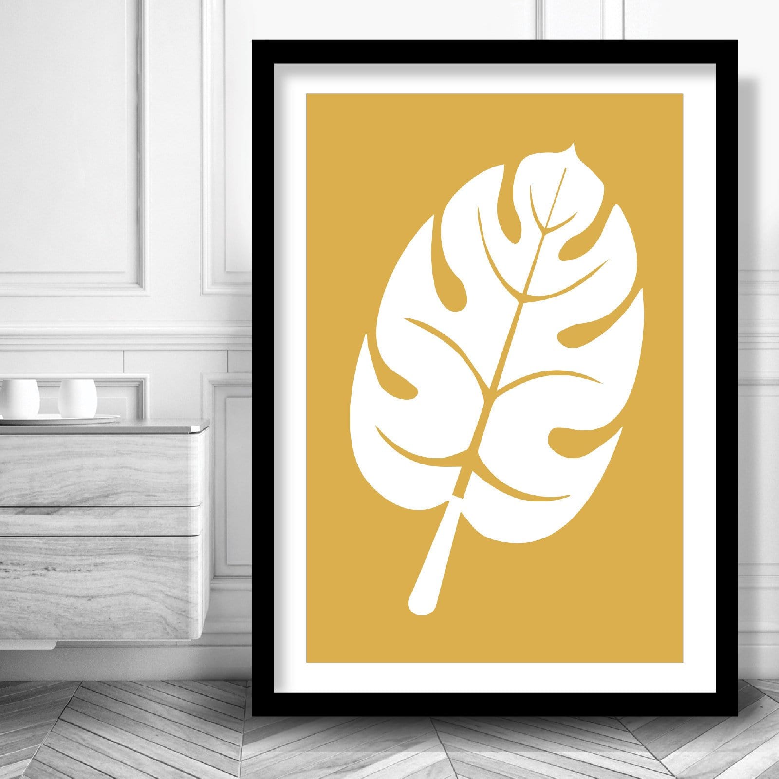 Set of 3 Yellow Grey and White Art Prints Tropical Botanical Monstera Leaves