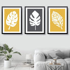 Set of 3 Yellow Grey and White Art Prints Tropical Botanical Monstera Leaves