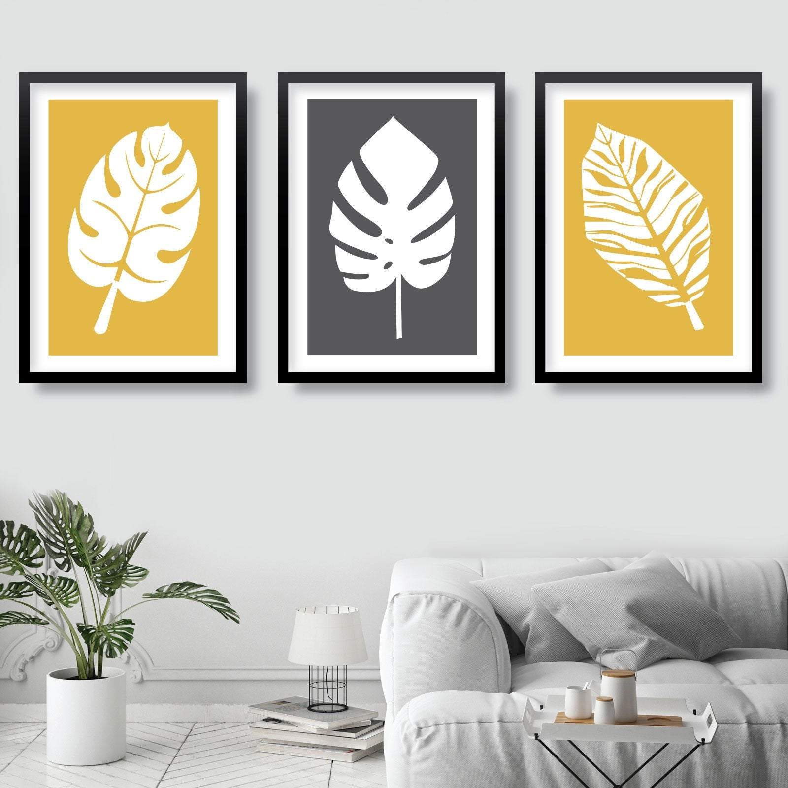 Set of 3 Yellow Grey and White Art Prints Tropical Botanical Monstera Leaves