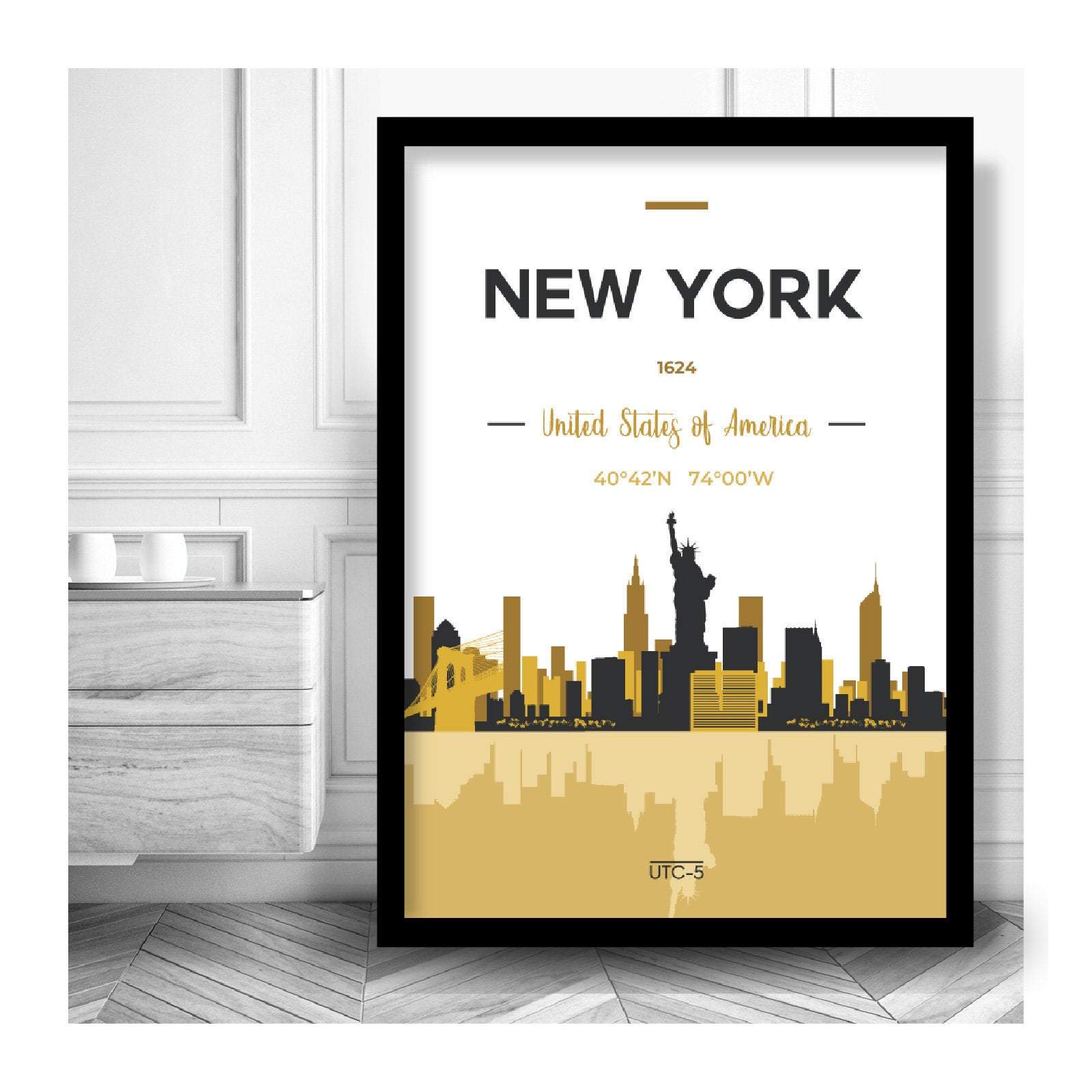 NEW YORK Skyline Cityscape USA, Yellow and Grey Art Print