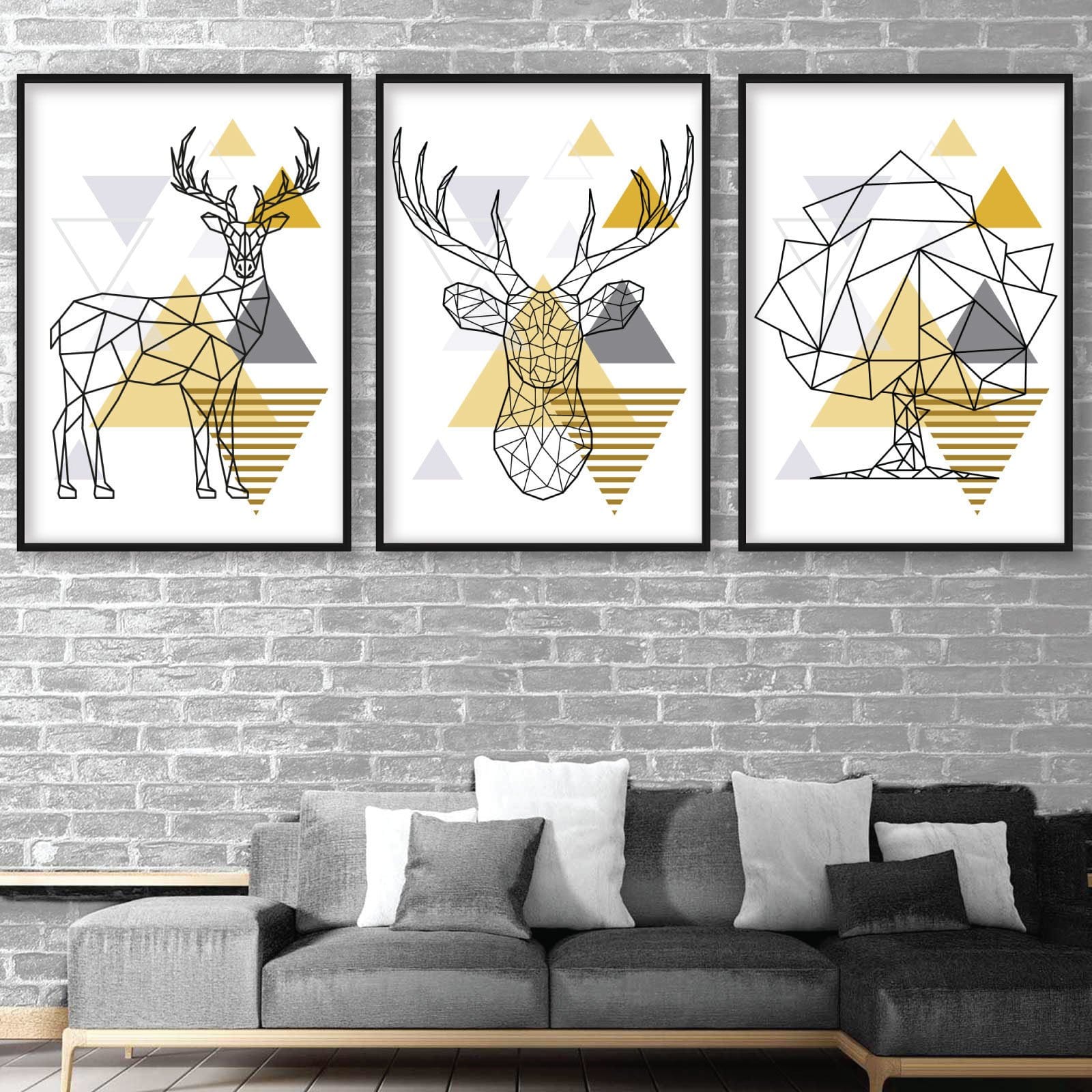 Set of 3 GEOMETRIC Yellow & Grey STAG Stag Head and Tree Modern Art Prints
