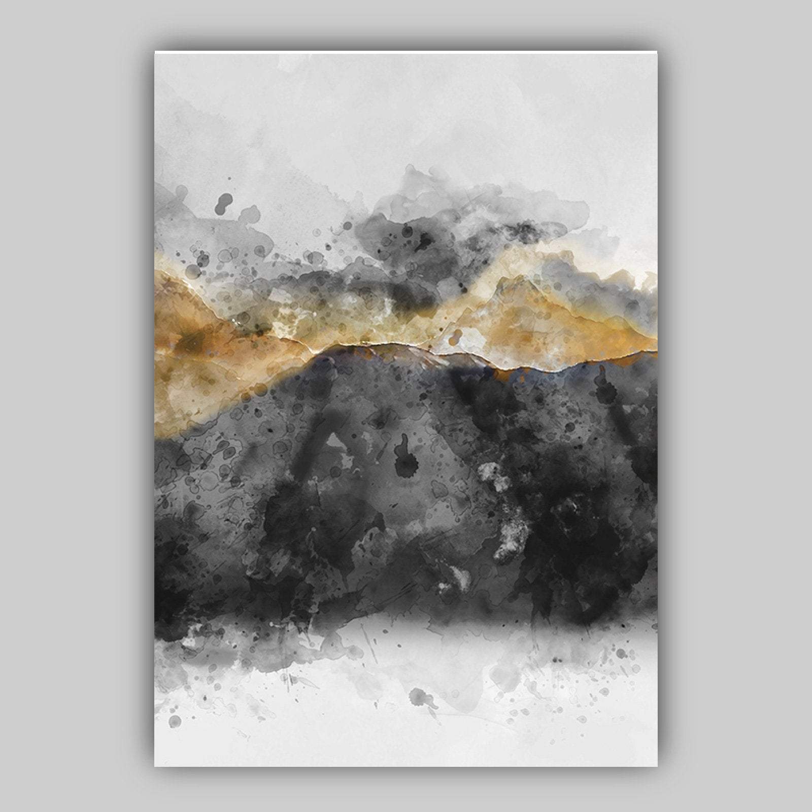 Set of 3 Abstract Art Prints of Paintings Black Grey Yellow Mountains Art Print