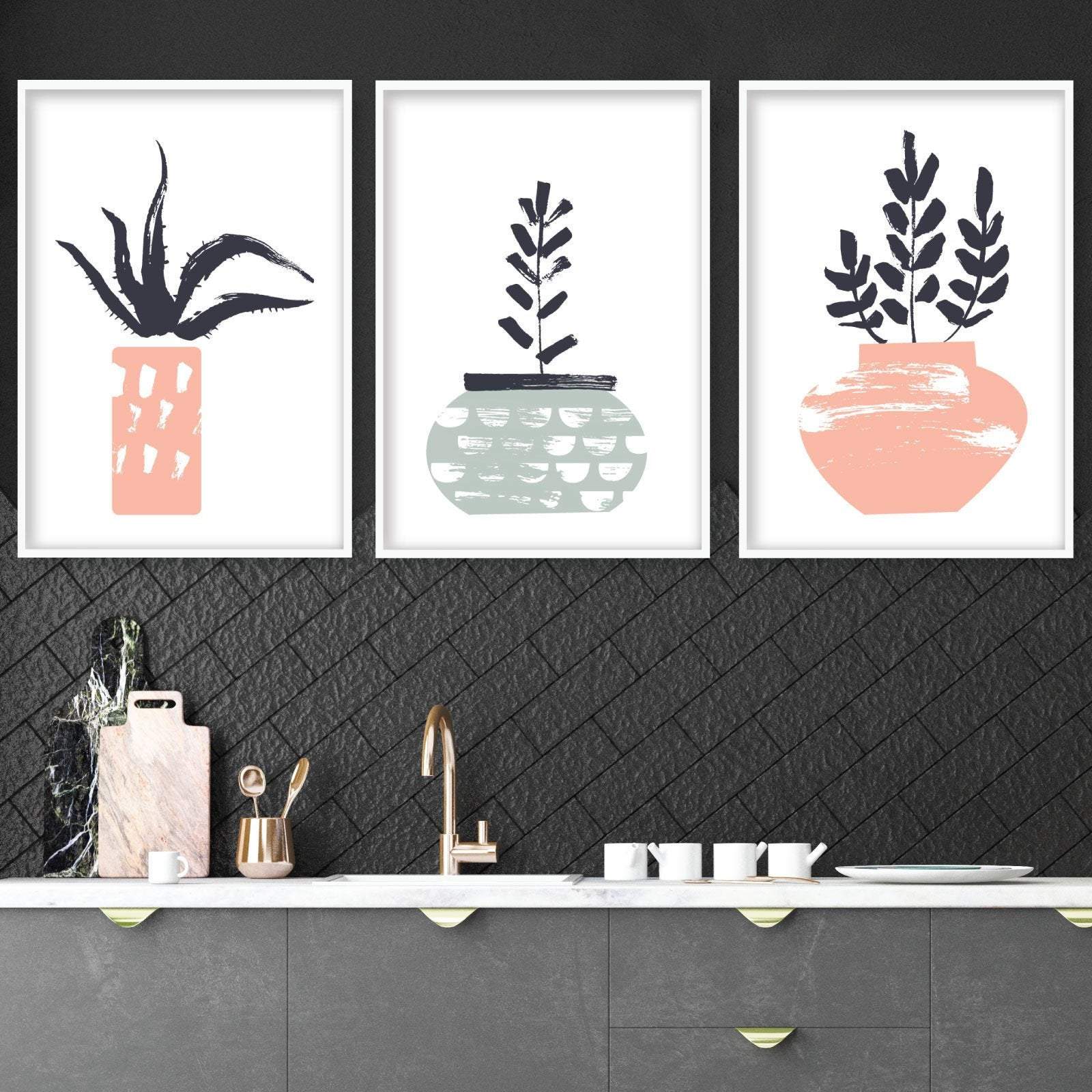 Set of 3 Abstract Pink & Green Cactus Art Prints