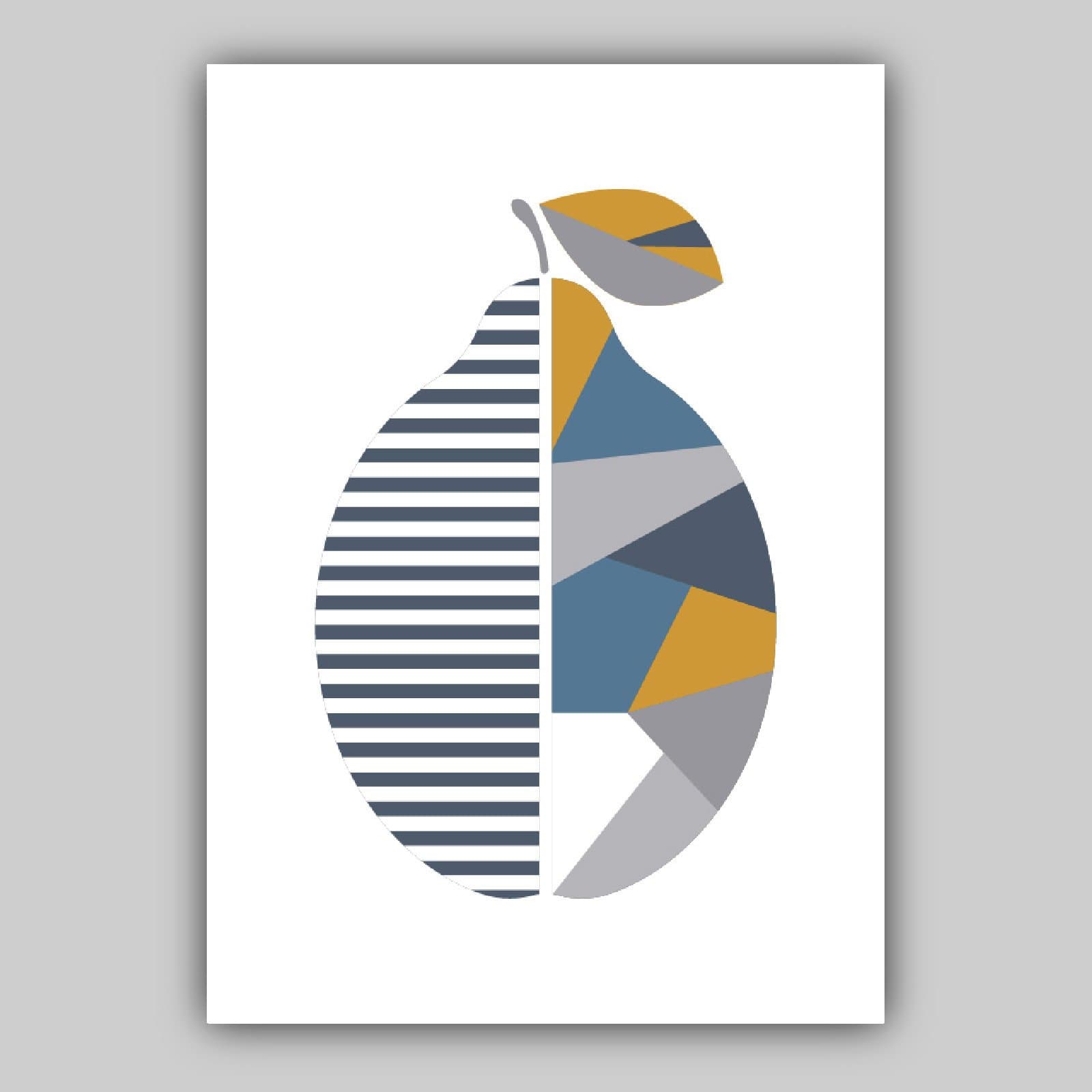 GEOMETRIC set of 3 Yellow Blue Grey Orange Strawberry Lemon Fruit Kitchen Wall Art Prints