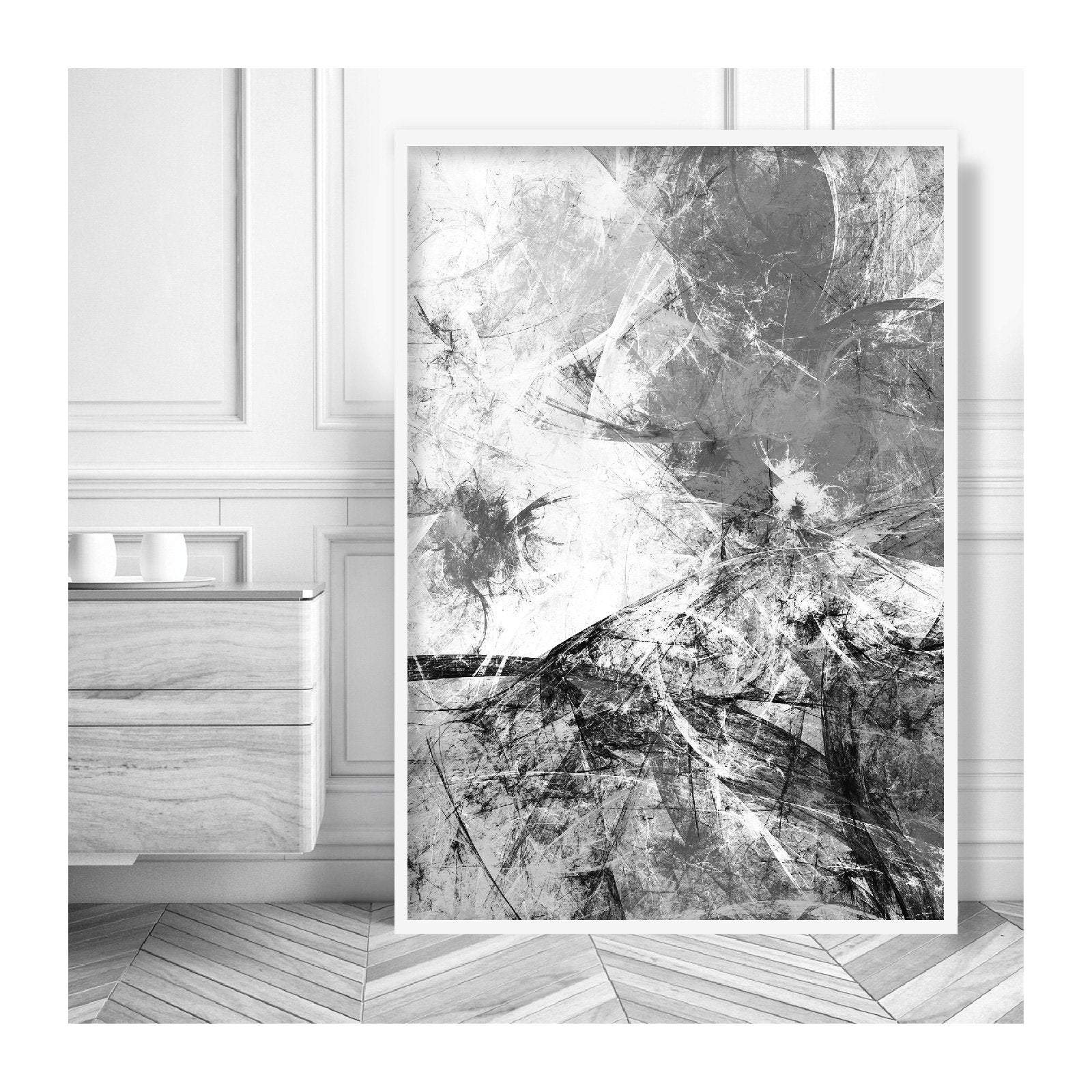 Set of 3 Abstract Art Prints of Paintings Black White Grey Wall Art Print