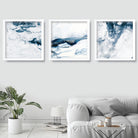 Set of 3 SQUARE Abstract Ocean Navy Blue & White Art Prints of Paintings