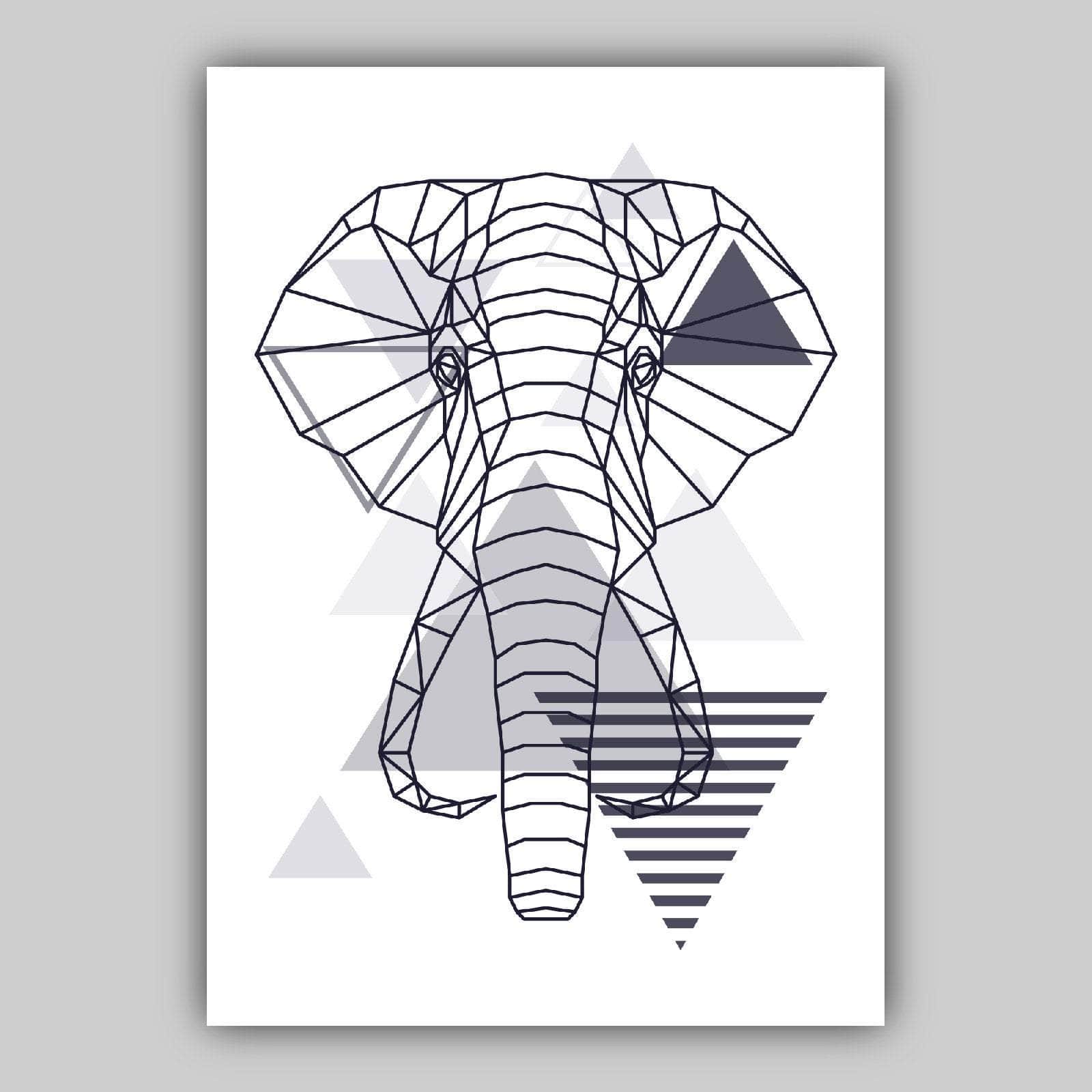 Set of 3 GEOMETRIC Navy Blue & Grey ELEPHANT and Tree Modern Art Prints