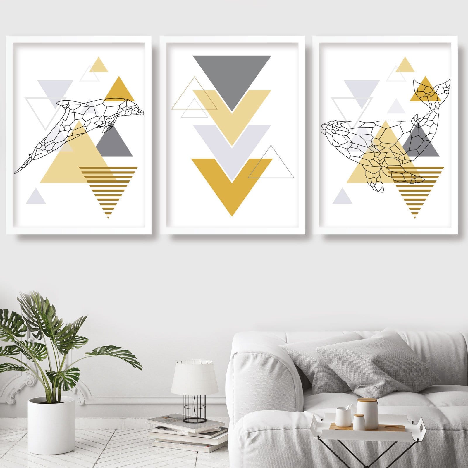 Set of 3 Scandinavian YELLOW & Grey Dolphin and Whale set Modern Art Prints