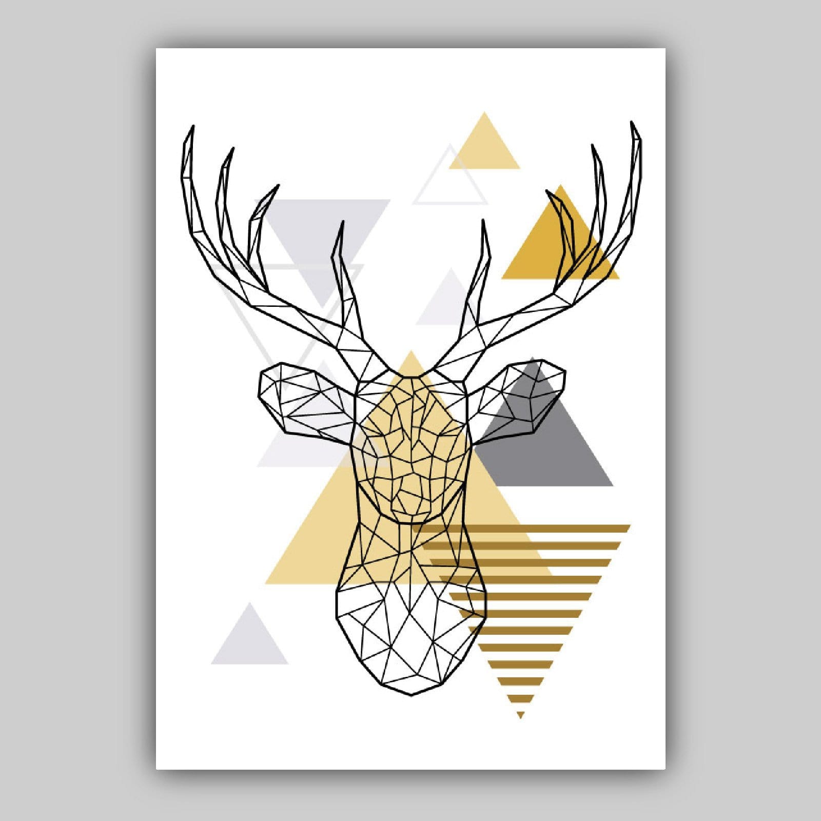 Set of 3 GEOMETRIC Yellow & Grey STAG Stag Head and Tree Modern Art Prints